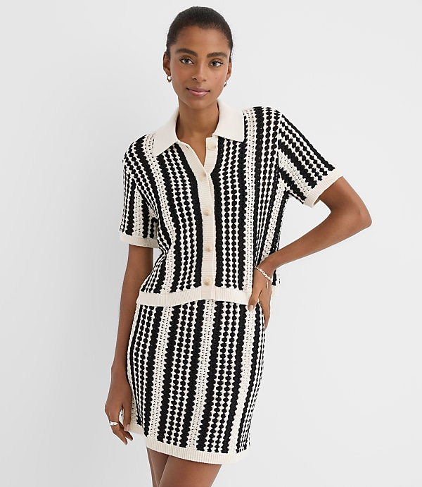 LOFT Beach Striped Crochet Polo Cardigan