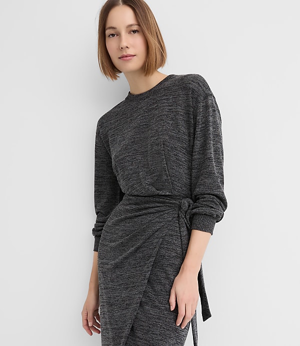 Sweater Knit Side Pleated Midi Wrap Dress