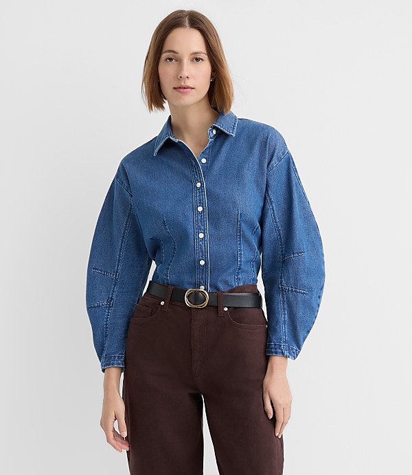 Barrel Sleeve Denim Shirt in Classic Mid Wash