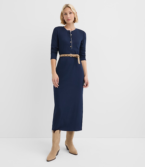Scalloped Ribbed Henley Midi Dress