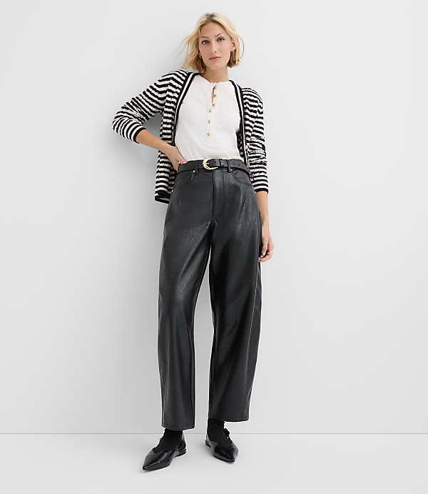 High Rise Horseshoe Seamed Barrel Jeans in Faux Leather