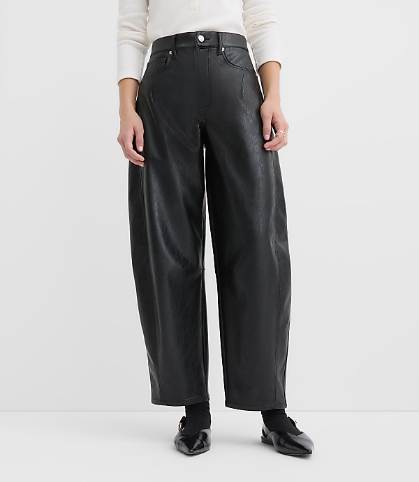High Rise Horseshoe Seamed Barrel Jeans in Faux Leather