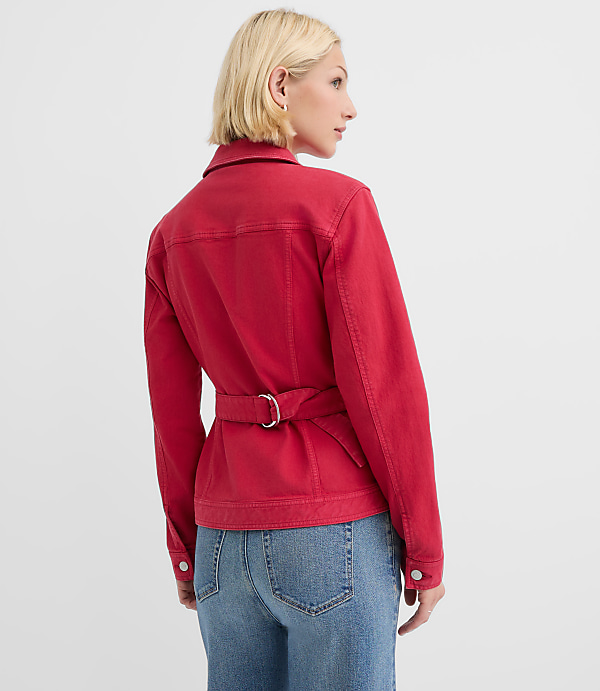 Belted Back Seamed Denim Jacket in Tango Red
