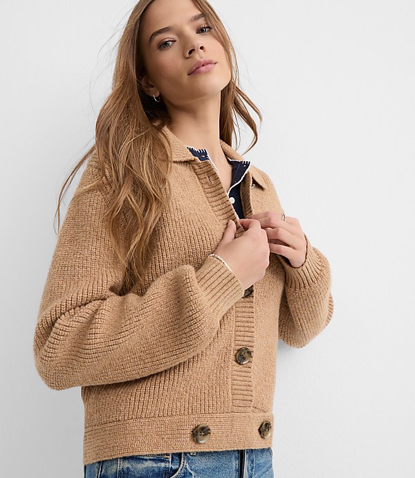 Heathered Ribbed Button Tab Sweater Jacket