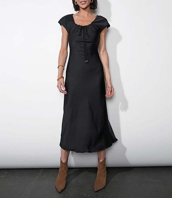Greylin Inez Neck Drawstring Satin Midi Dress