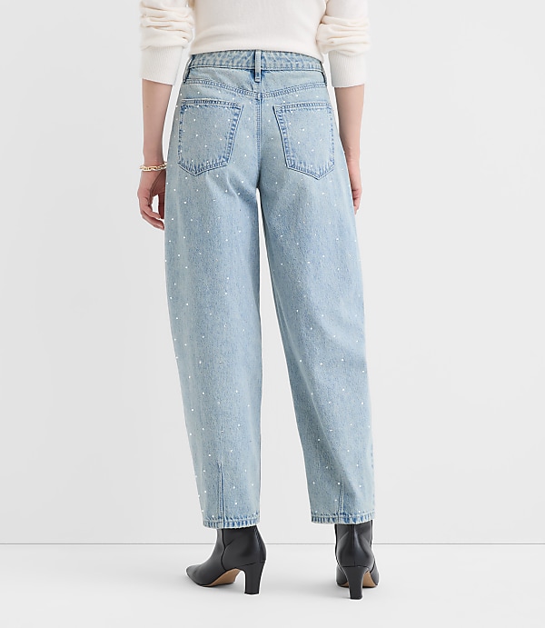 Curvy Sparkle Embellished High Rise Barrel Jeans in Vintage Light Indigo Wash