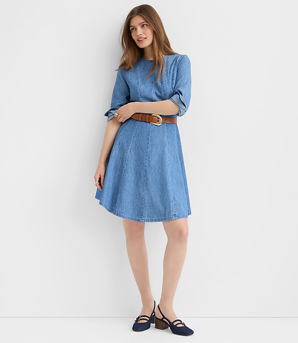 Chambray Seamed Barrel Sleeve Mini Dress