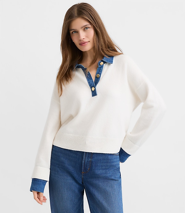 Denim Trim Henley Sweater