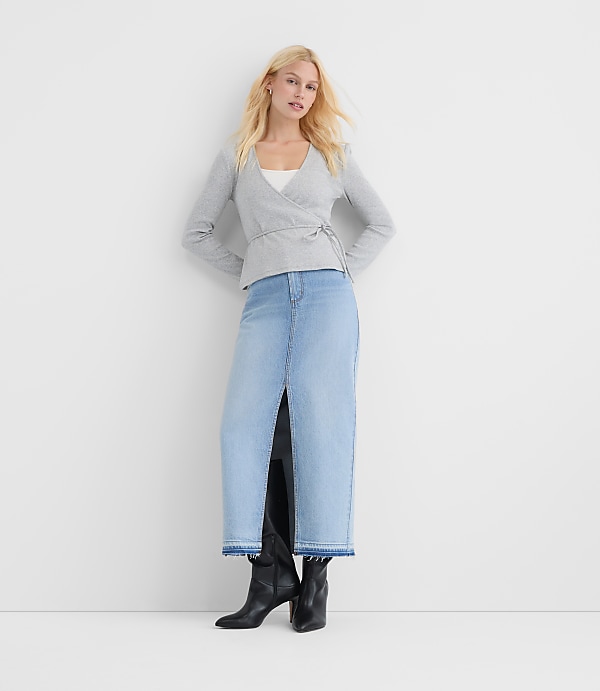 Rivete Front Slit Denim Maxi Skirt in Vintage Light Wash