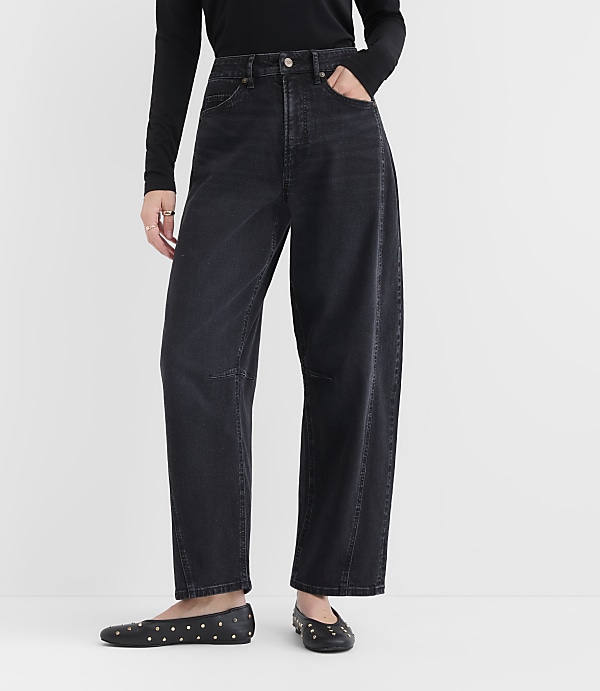 Rivete Seamed High Rise Barrel Jeans in Noir Wash