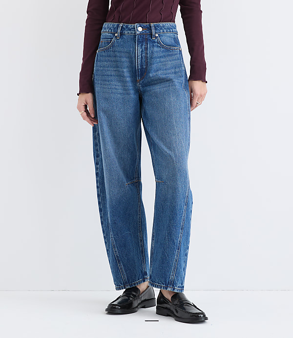 Rivete Seamed High Rise Barrel Jeans in Dark Wash
