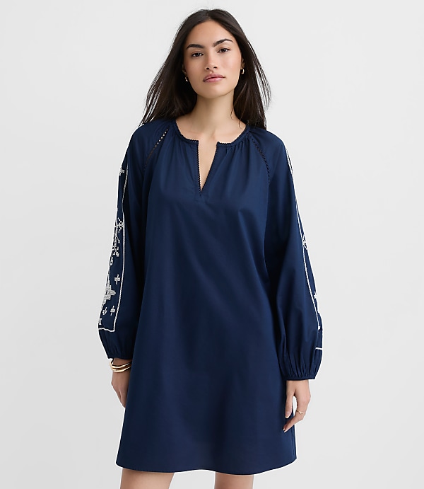 Floral Embroidered Split Neck Mini Pocket Dress