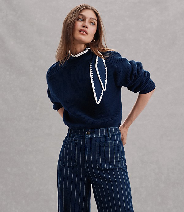 Contrast Stitched Tie Neck Sweater