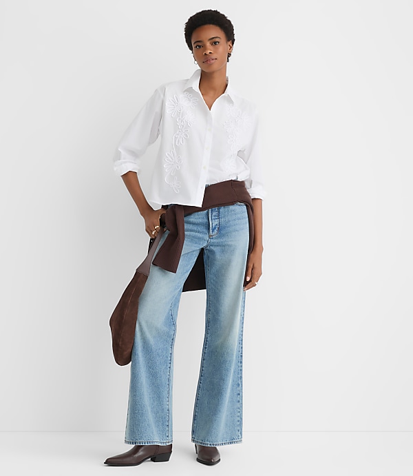 Floral Embroidered Poplin Everyday Abbreviated Shirt