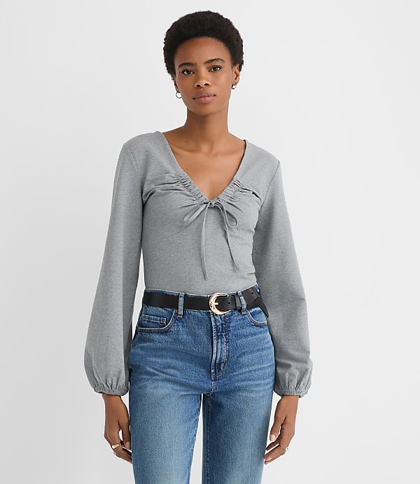 Heathered Cinched Tie Neck Top