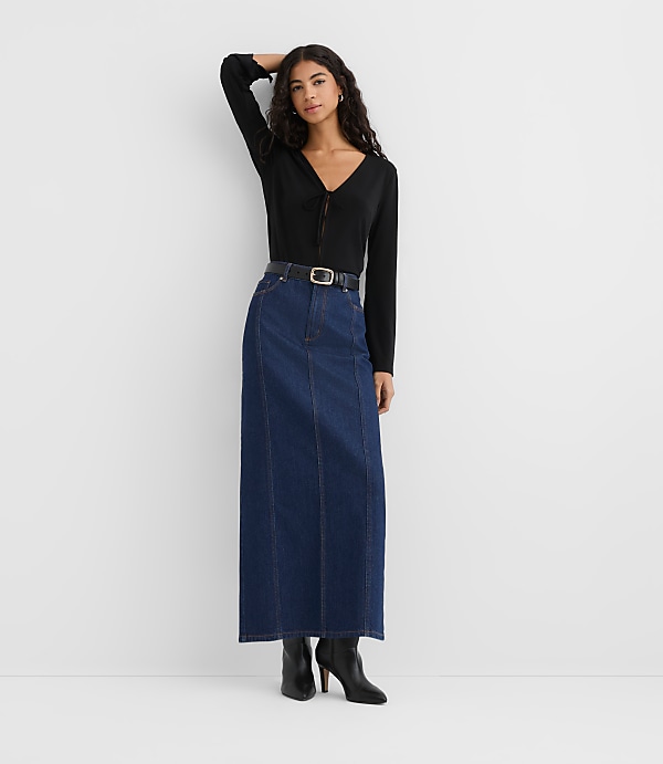 Rivete Seamed Denim Maxi Skirt in Nova Wash