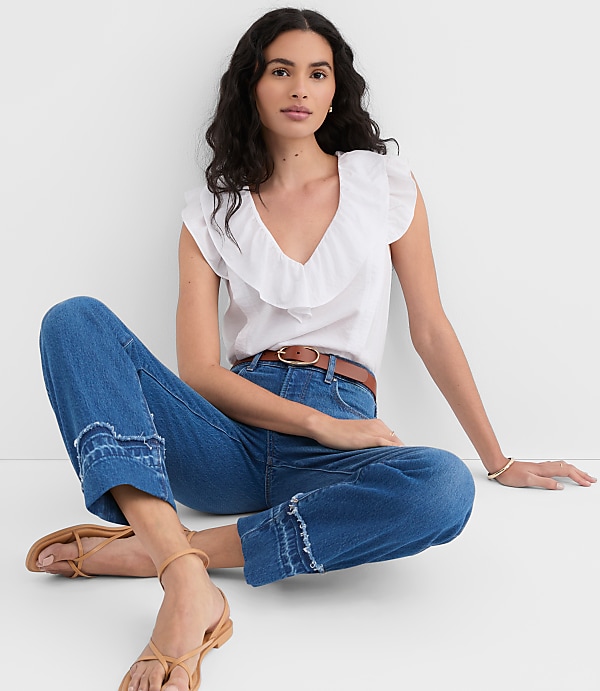 Rivete Unpicked Cuffed High Rise Straight Jeans in Authentic Indigo