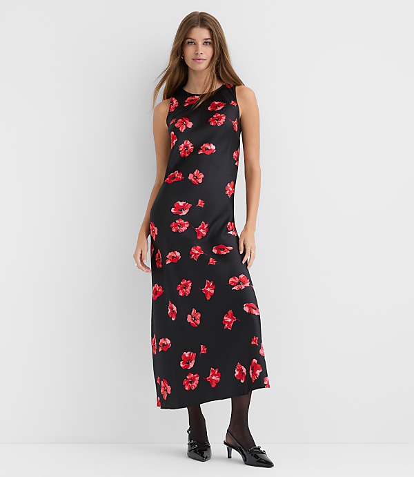 Petite Floral Satin Bias Midi Dress