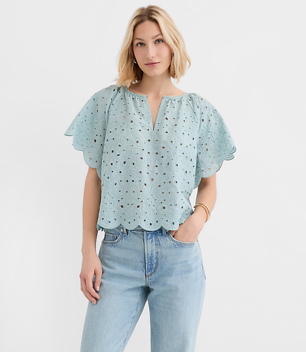 Scalloped Eyelet Flutter Sleeve Top