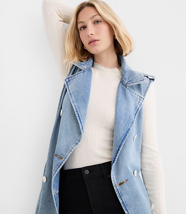 Denim Sleeveless Trench Coat in Light Wash