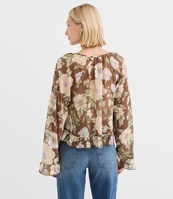 Floral Tie Neck Bell Sleeve Blouse