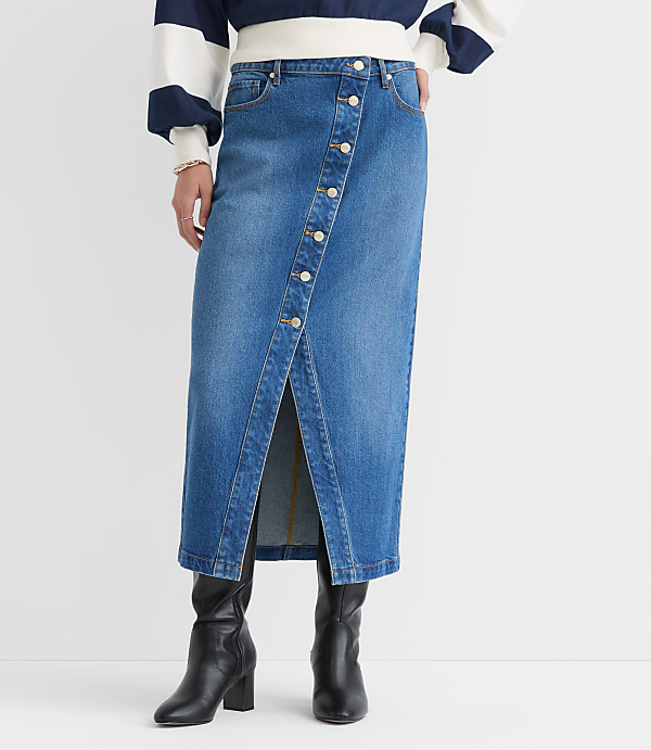 Petite Cutaway Denim Midi Skirt in Modern Indigo Wash