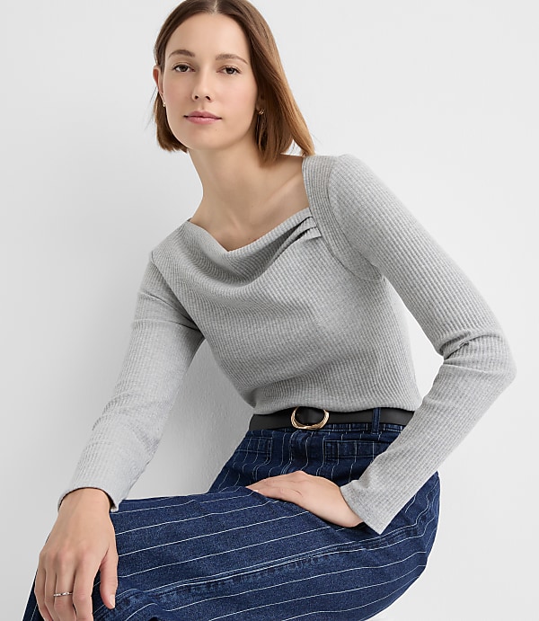Petite Heathered Asymmetrical Neck Ribbed Top