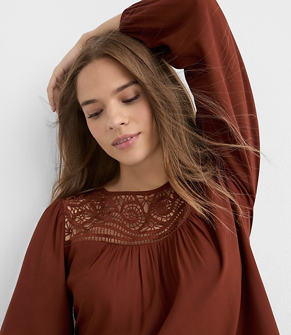 Petite Cutout Lace Yoke Blouse