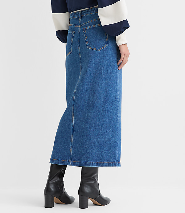Petite Cutaway Denim Midi Skirt in Modern Indigo Wash