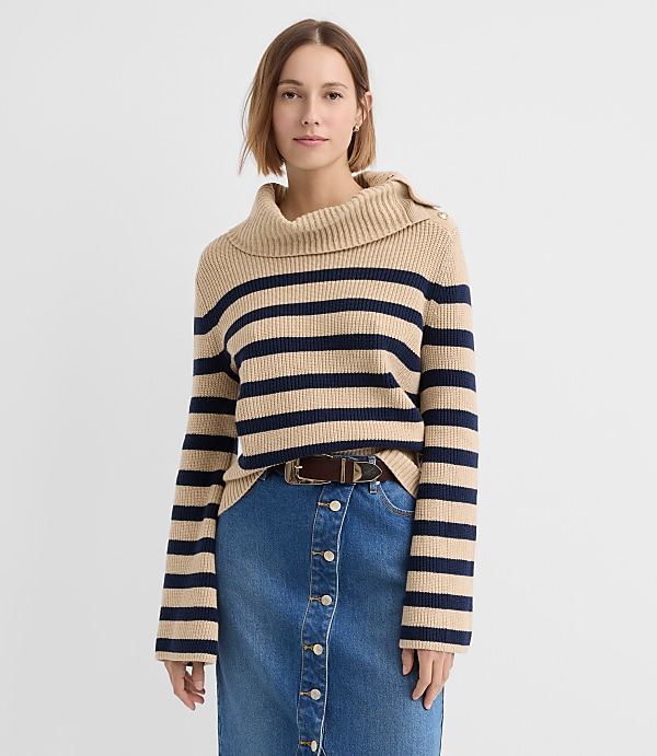 Petite Stripe Button Neck Flare Sleeve Sweater