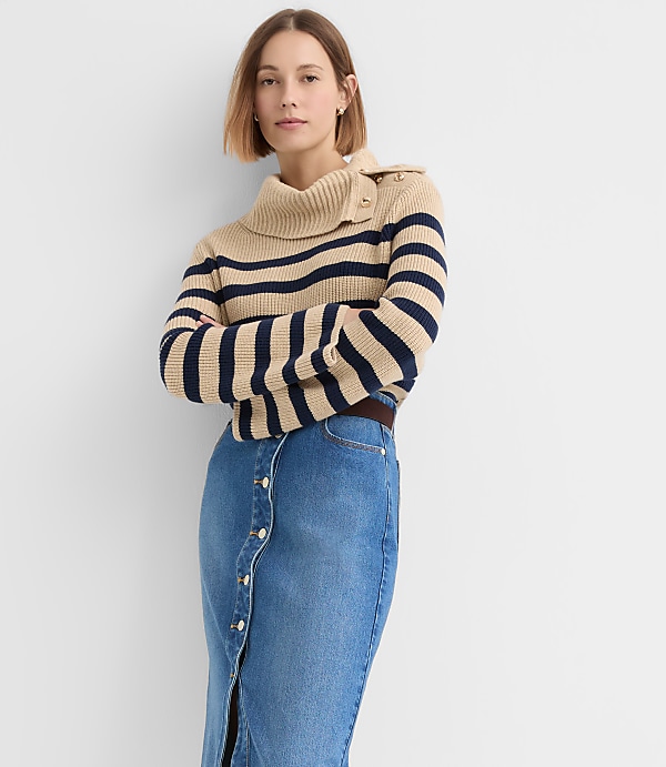 Stripe Button Neck Flare Sleeve Sweater