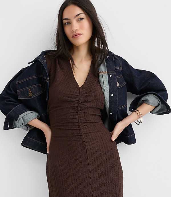 Textured Ruched V-Neck Midi Dress