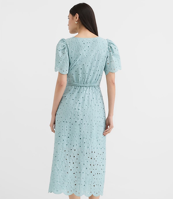 Scalloped Eyelet Midi Pocket Shirtdress