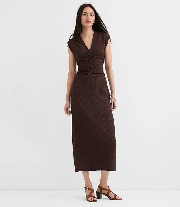 Textured Ruched V-Neck Midi Dress
