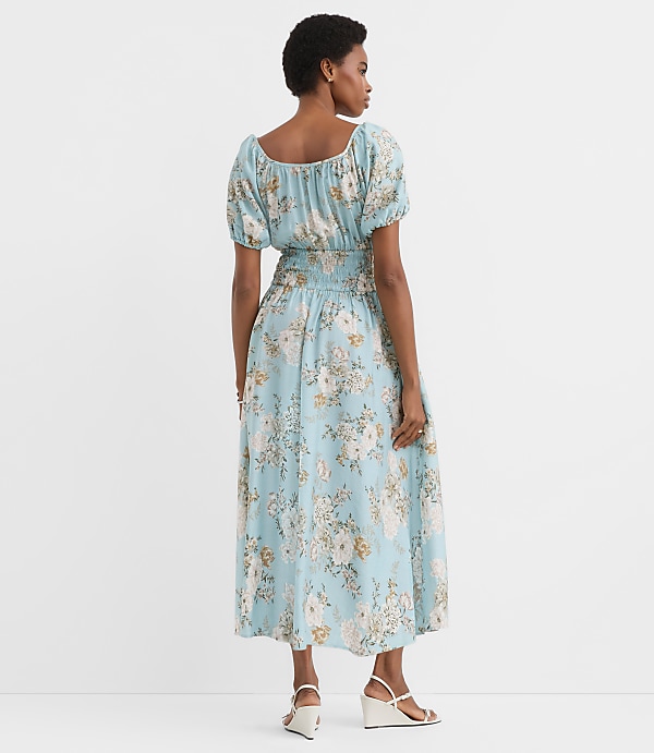 Floral Ruffle Tie Neck Smocked Midi Dress