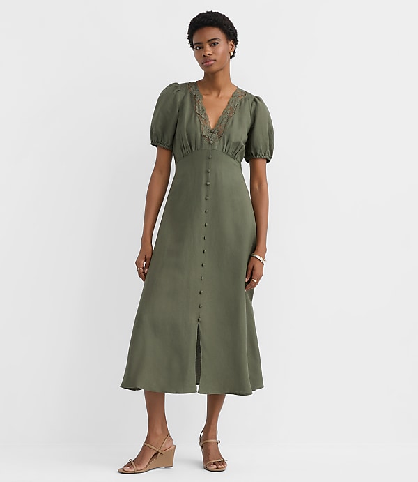 Lace Trim Linen Blend Midi Dress