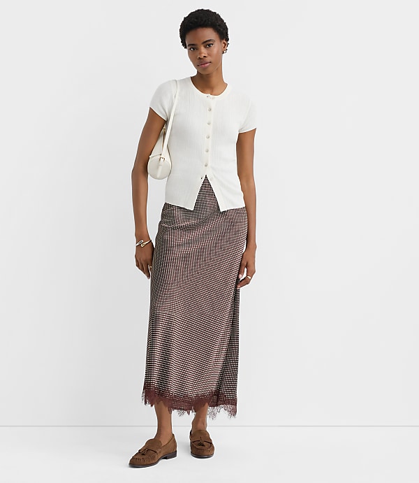 Pindot Lace Trim Satin Bias Maxi Skirt