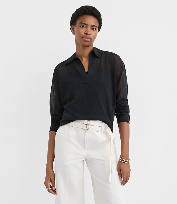 Sheer Collared Split Neck Sweater