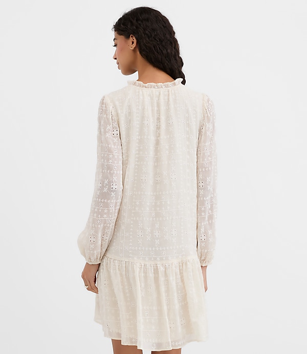 Eyelet Tie Neck Flounce Mini Pocket Dress