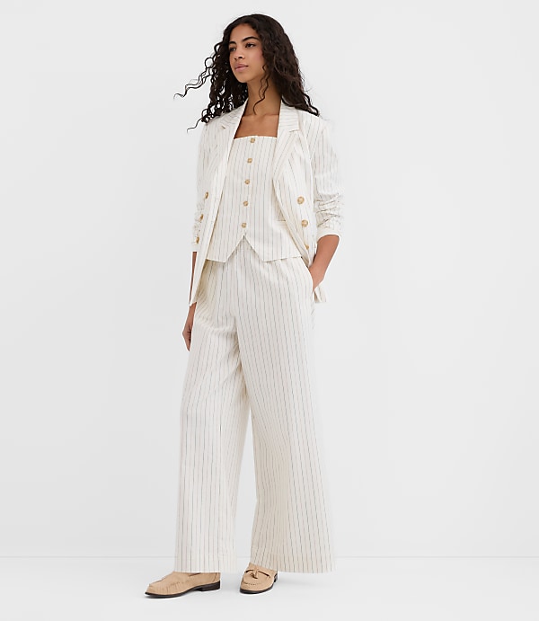 Pull On Wide Leg Pants in Pinstripe Cotton Linen