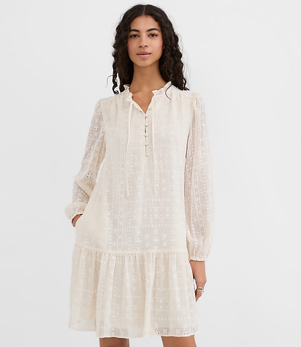 Eyelet Tie Neck Flounce Mini Pocket Dress