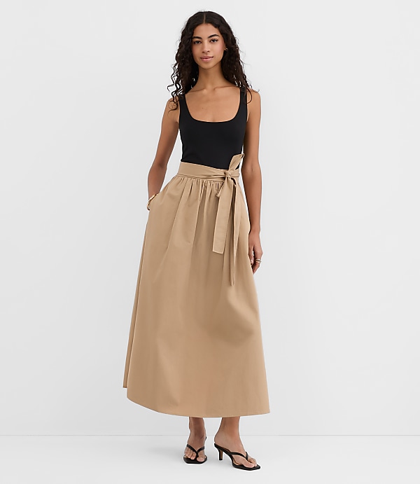 Tie Waist Mixed Media Midi Pocket Dress