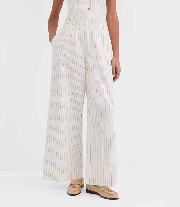 Pull On Wide Leg Pants in Pinstripe Cotton Linen
