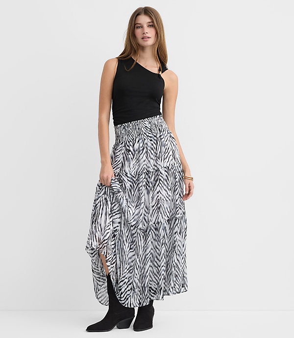 Zebra Print Ruffle Smocked Maxi Skirt