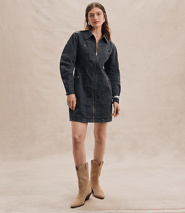 Petite Seamed Denim Zip Mini Pocket Dress in Washed Black