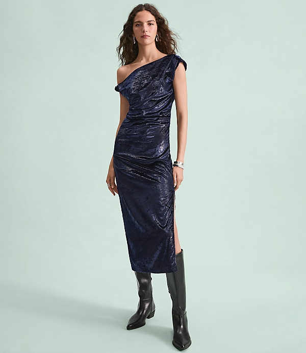 Velvet Ruched Off The Shoulder Midi Dress