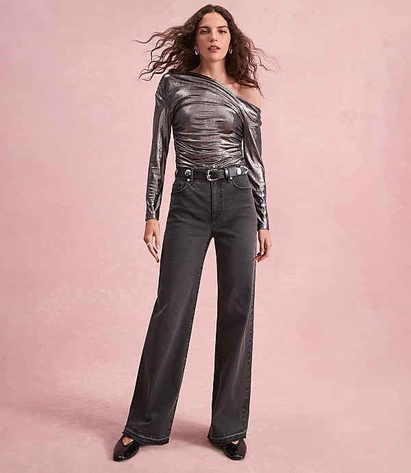 Unpicked Hem High Rise Wide Leg Jeans in Washed Black