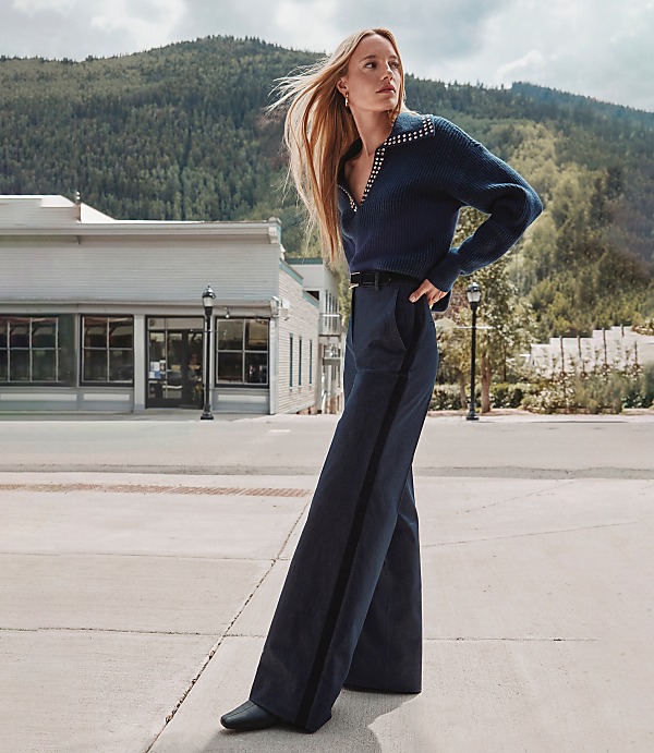 Velvet Tuxedo Stripe Clean Wide Leg Pants in Refined Denim