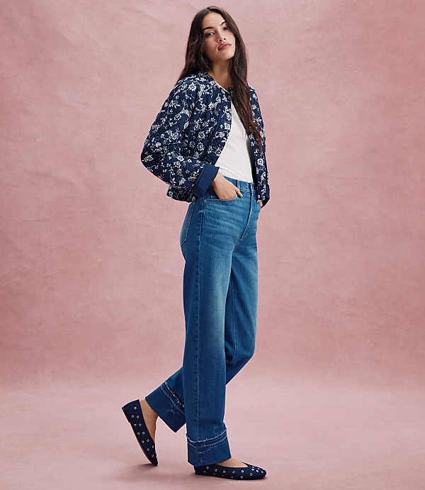 Rivete Unpicked Cuffed High Rise Straight Jeans in Authentic Indigo