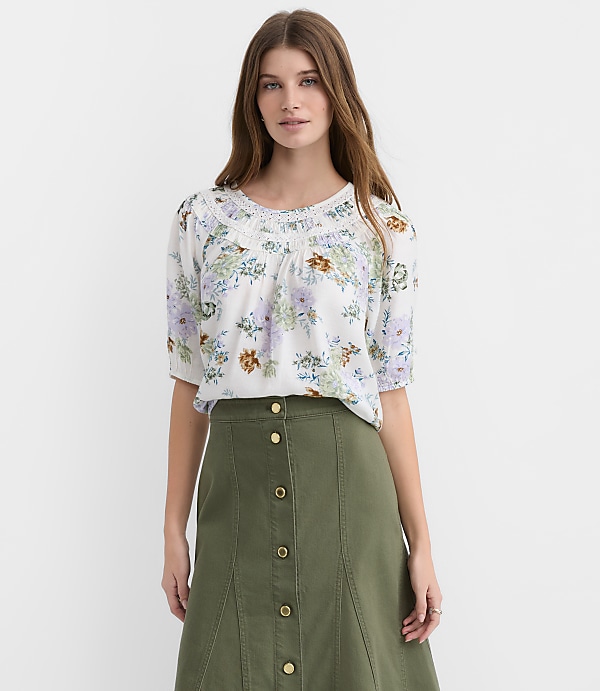 Floral Lace Trim Yoke Blouse